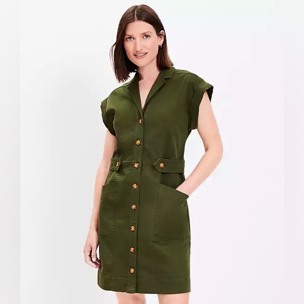 Ann Taylor Loft Green Button-Down Utility Dress Military Fall Pockets Size 12